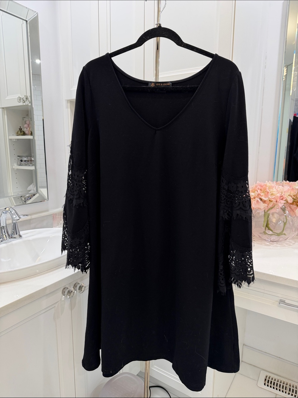 Love & Legend Black V-Neck Dress with Lace Bell Sleeves